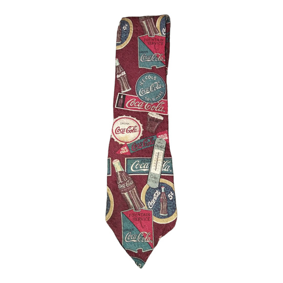 Vintage Coca Cola Silk Tie Burgundy Bottles Caps Signs Thermometer - Picture 1 of 2